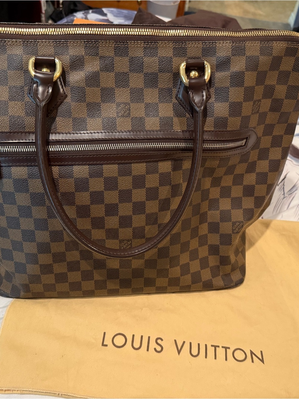 Louis Vuitton Brown Damier Ebene Checker Tote with Gold Hardware
